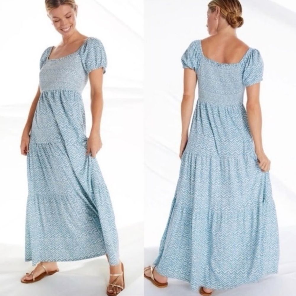 Anthropologie Daily Practice Blue and White Chevron Smocked Tiered Maxi Dress